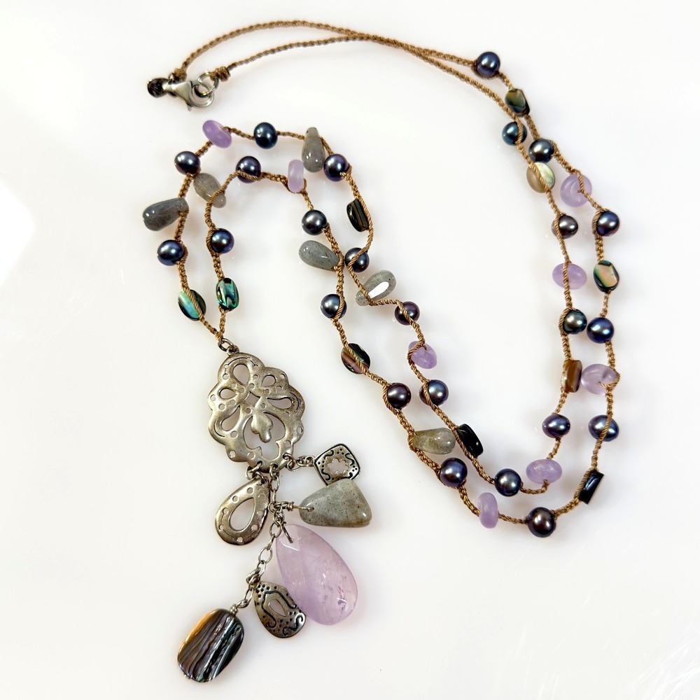 Silpada Necklace Amethyst Pearl Feldspar Shell Sterling Silver 32" N2103 Y2K